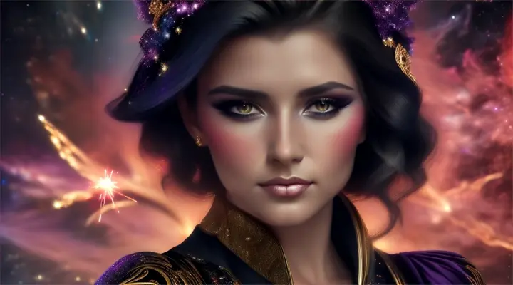 Mujer bella australiana look opulento y elegante, background galaxy nebulosa y fuegos artificiales.