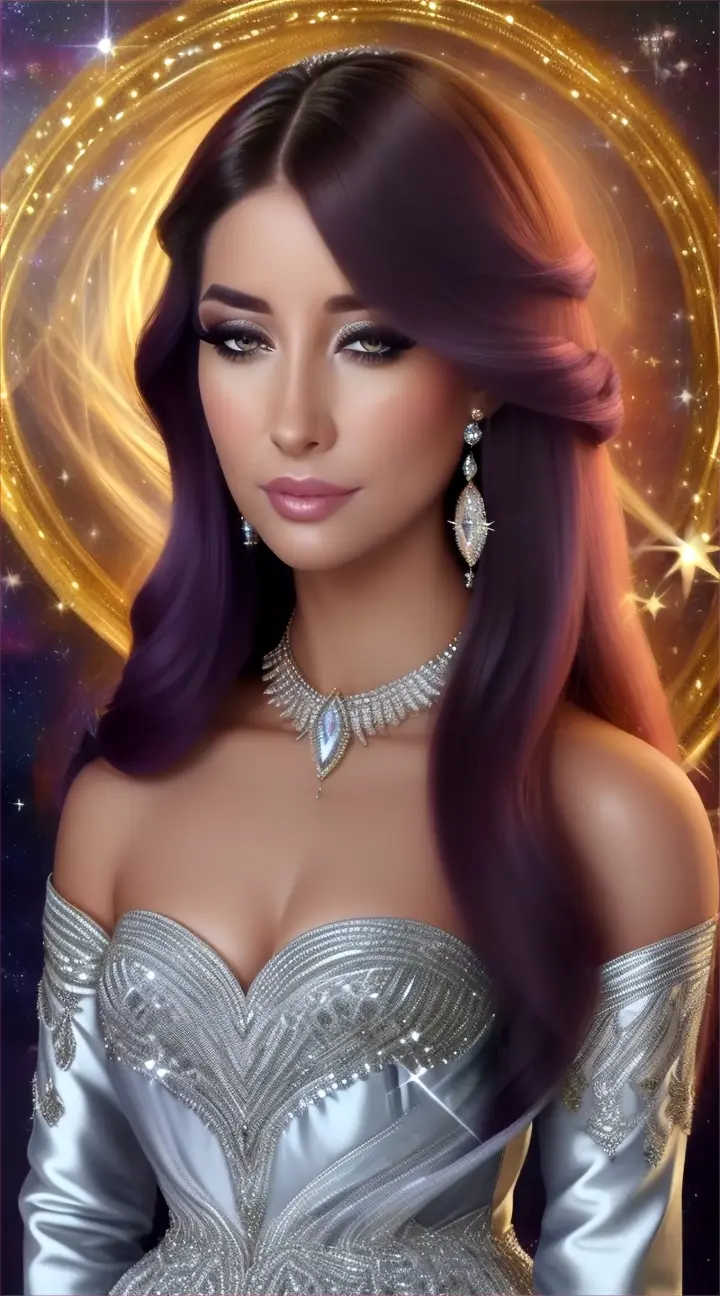 Mujer bella australiana look opulento y elegante, background galaxy nebulosa y fuegos artificiales.