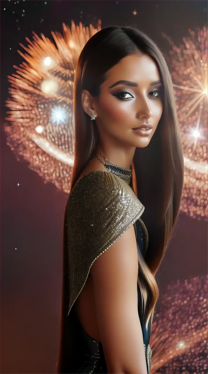 Mujer bella australiana look opulento y elegante, background galaxy nebulosa y fuegos artificiales.