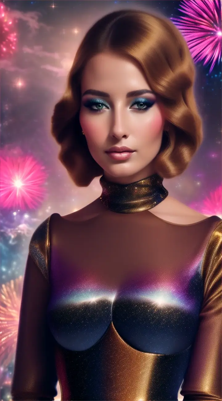 Mujer bella americana look opulento y elegante, background galaxy nebulosa y fuegos artificiales.