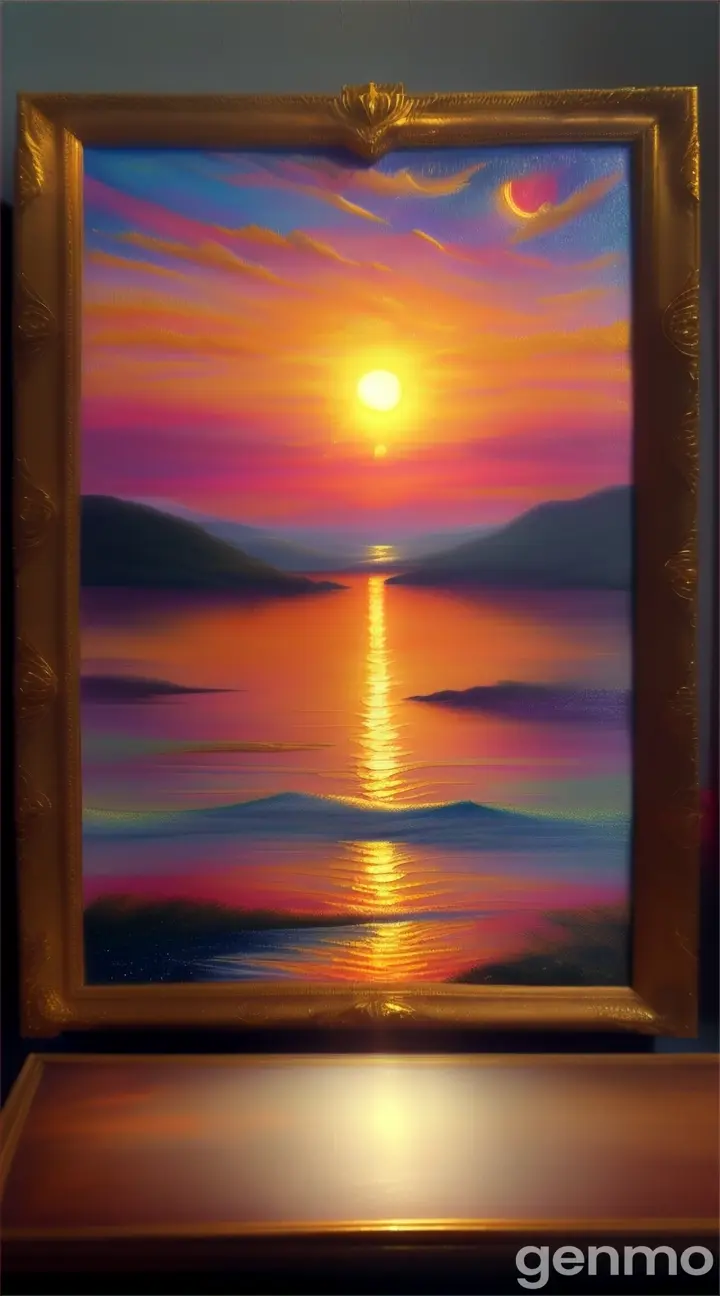 On the wall hangs a framed painting of a sunset. The sun really sparkles on the painting.