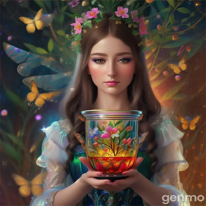 A layered illustration of a Russian beauty holding a filigree glass filled with glowing garden. It features a magical garden, filled with iridescent flowers, sparkling fireflies, and bejeweled butterflies in a dreamy HDR style.