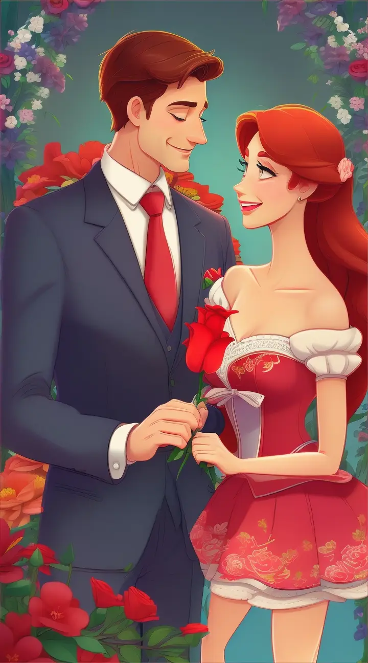 man giving a red flower to woman cartoon 