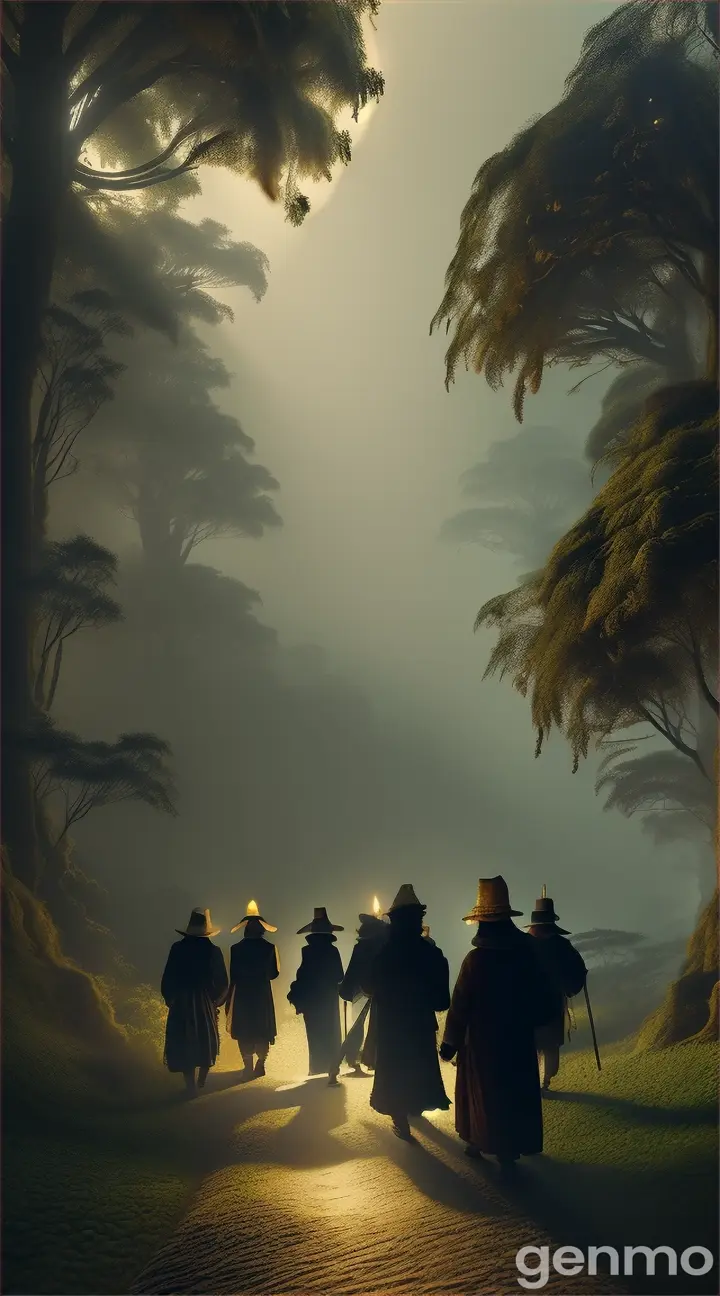 Ancient Pilgrimage to Unakoti: A group of ancient pilgrims walking through the dense jungle toward the Unakoti temple. The scene is set in a mystical atmosphere with dim lighting, torches in hand, and the distant temple glowing faintly in the mist.