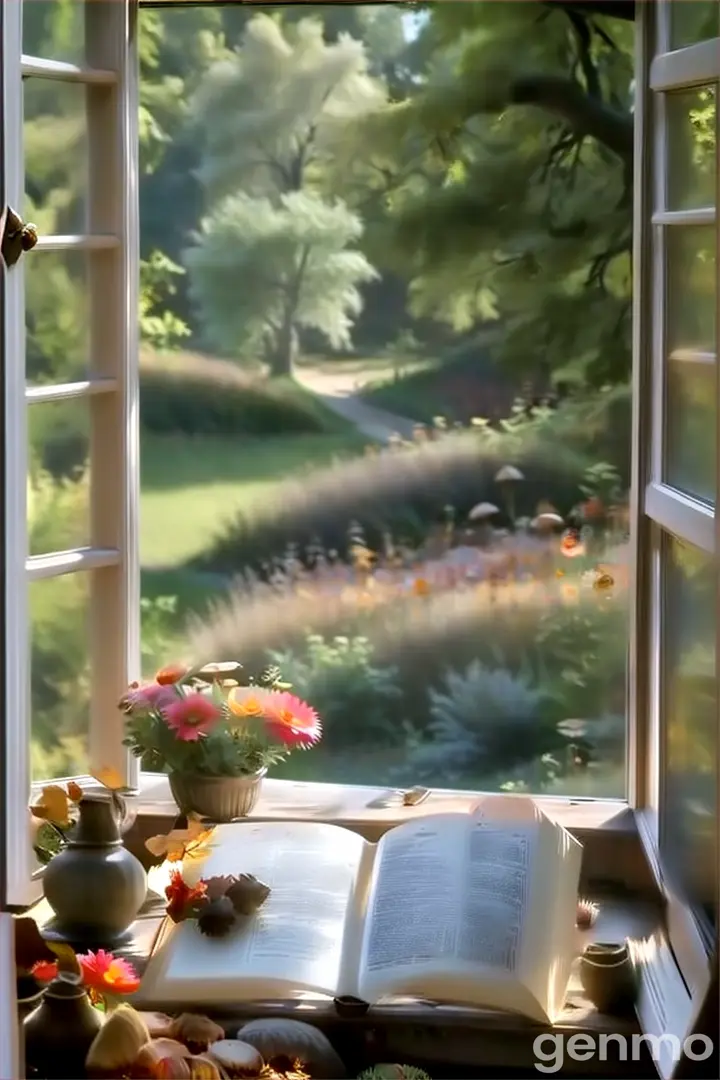 An open book surrounded by an immersive ring of autumn leaves, acorns, and mushrooms, with blurred sunlight streaming in from beyond