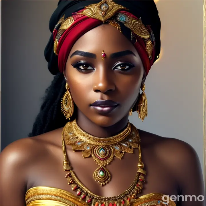 a close up of a woman with a turban and jewelry, stunning african princess, black african princess, african woman, black young woman, young black woman, african american woman, dark skin female goddess of love, african queen, african princess, black woman, african american girl, gorgeous woman, african, with brown skin, dark skin, african american elegant girl