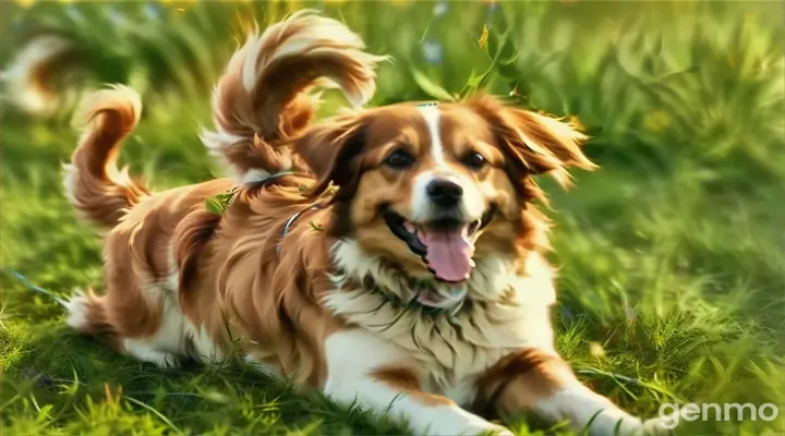 a brown and white dog laying on top of a lush green field