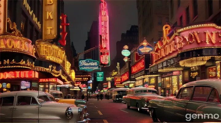 A bustling 1950s Broadway scene at night, where the vibrant glow of marquee lights illuminates the faces of eager theater-goers. The streets are alive with the hum of anticipation, as men in tailored suits and fedoras, and women in elegant dresses and pearls, mingle outside grand theaters. The iconic neon signs of historic playhouses like the Majestic and the St. James flicker above, casting a warm, inviting ambiance. Classic cars with chrome finishes and rounded bodies are parked along the curb, adding to the nostalgic charm. Street vendors sell roasted nuts and newspapers, while the distant sound of jazz music from a nearby club fills the air, capturing the essence of a bygone era in New York City.