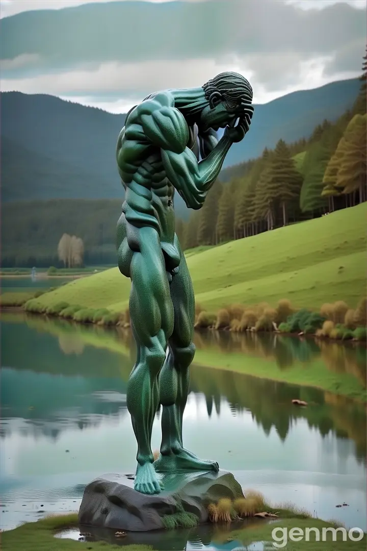 a statue of a man standing next to a body of water