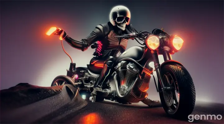 A male skeleton riding a motorcycle
