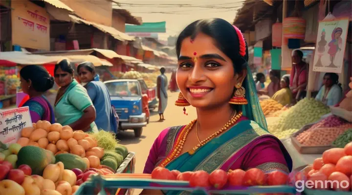 A women in saree purchase things from groceries shop village cartoon 