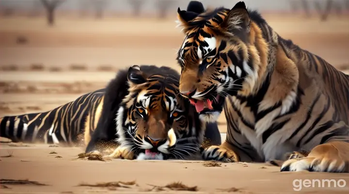 A massive black tiger bites a gazelle by the neck and throws it to the ground.