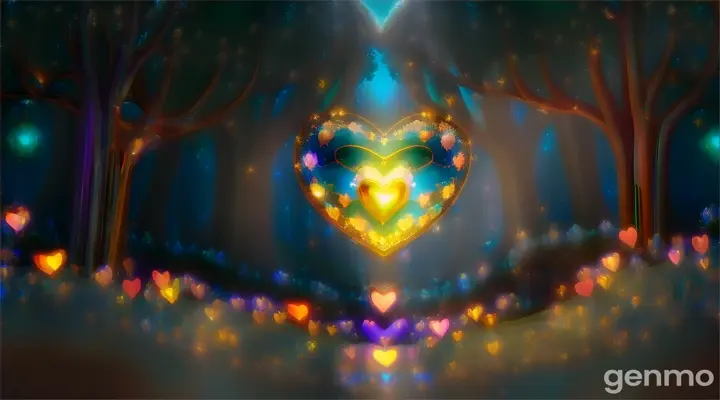 A glowing heart-shaped symbol in the middle of a magical forest. Inside the heart, you can see the enchanted forest filled with softly glowing trees, sparkling flowers, and tiny critters playing joyfully. The heart floats gently in the air, surrounded by stars and golden light beams, symbolizing the magical forest being within everyone’s heart. The scene feels warm, peaceful, and full of wonder.