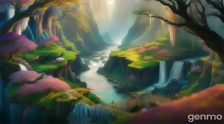 creation of a land of stream above the sky where white sparkling fairies with sparkling wing lives 16 :9