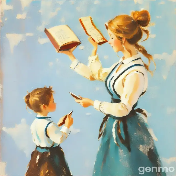 a painting of a woman and a child holding a book