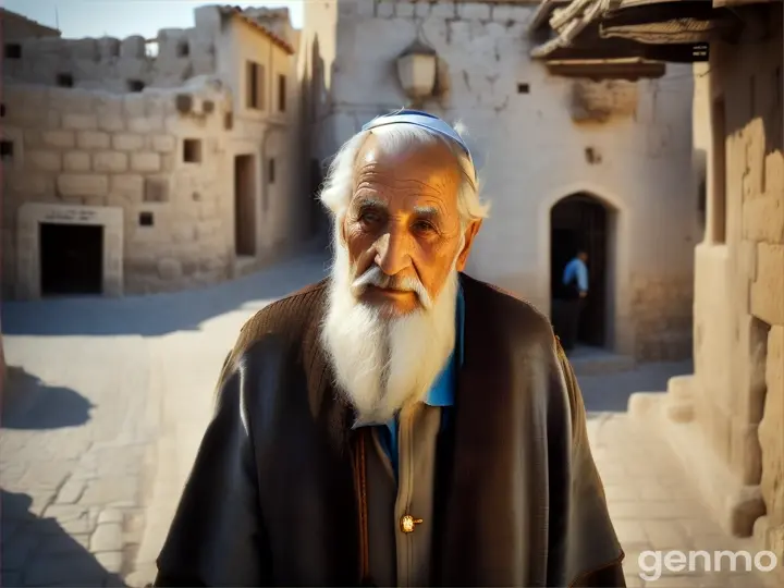 one old israeli walking towards a old Israeli city