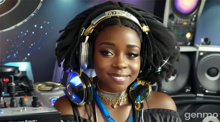 une belle femme noire DJ , souriante,avec des cheveux longs, lisses et noirs, les yeux bleus clairs, avec un casque sur les oreilles et des colliers amérindiens  en os autour du cou, mixe avec ses deux platines dans un studio de radio FM.