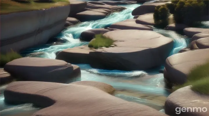 create 3d animation zoom view of a river flowing in speed and stone beds are there in between river