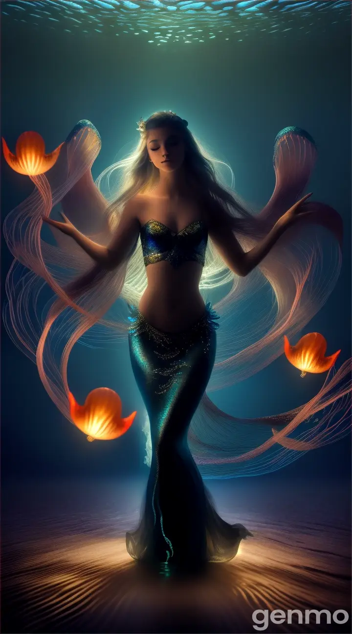 Young dancer performs a mermaid dance in a deep, dark ocean, surrounded by bioluminescent jellyfish under the moonlight