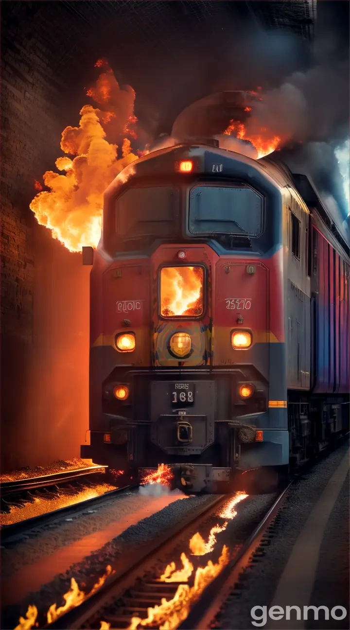 a realistic colorful train on fire and crashing inside a dark tunnel