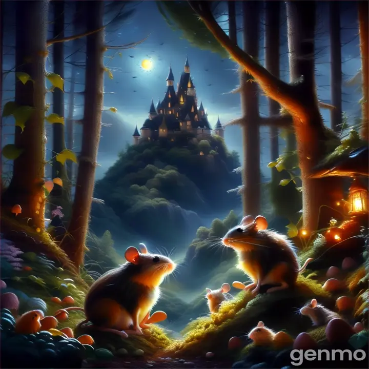 a painting of two mice in a forest with a castle in the background