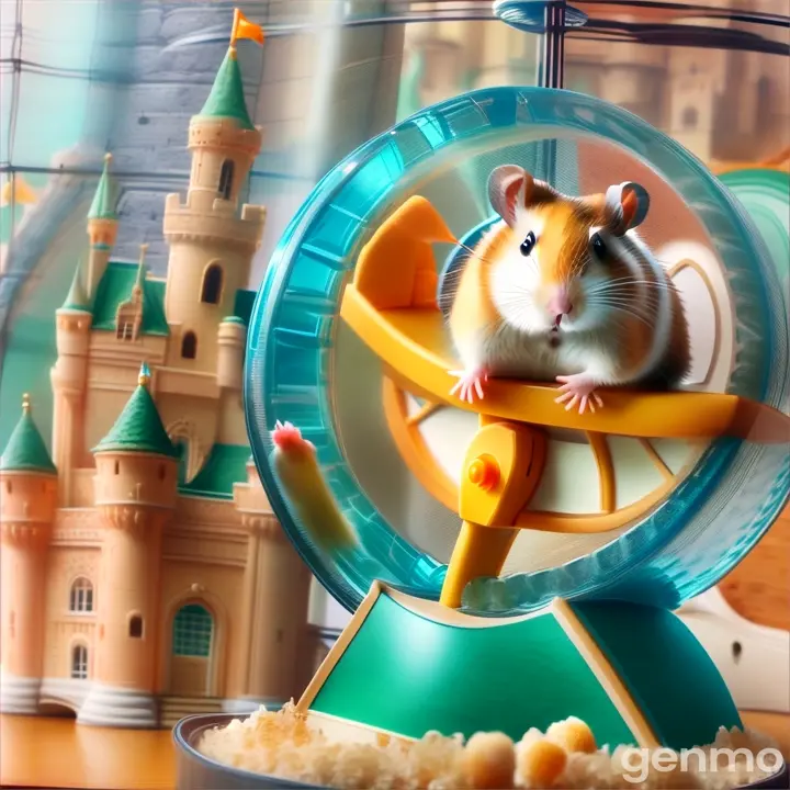 a hamster in a wheel with a castle in the background