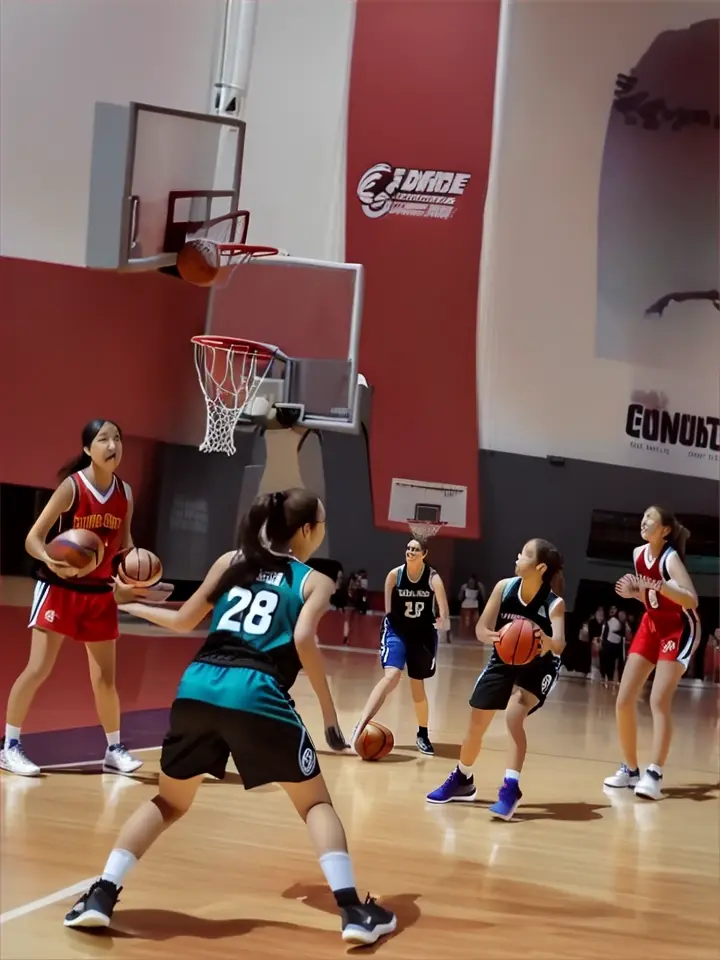 a group of young women playing a game of basketball In a firey world 