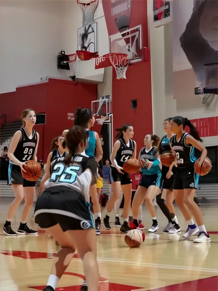 a group of young women playing a game of basketball In a firey world 