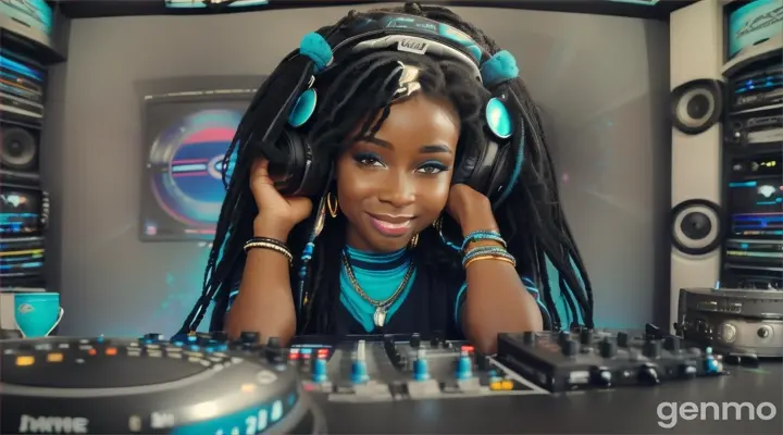 une belle femme noire DJ , souriante,avec des cheveux longs, lisses et noirs, les yeux bleus clairs, avec un casque sur les oreilles et des colliers amérindiens  turquoise autour du cou, des bracelets en os, mixe avec ses deux platines dans un studio de radio FM. 