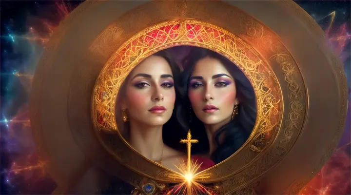 Mujeres bellas españolas creando con magia una cruz como si fuese un portal mágico y vestidas con trajes opulentos, nebulosa y fuegos artificiales background.