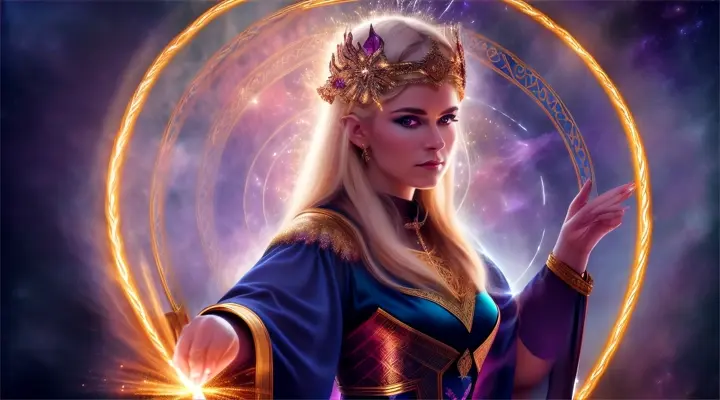 Mujeres bellas nórdicas creando con magia una cruz como portal mágico y vestidas con trajes opulentos, nebulosa y fuegos artificiales background.