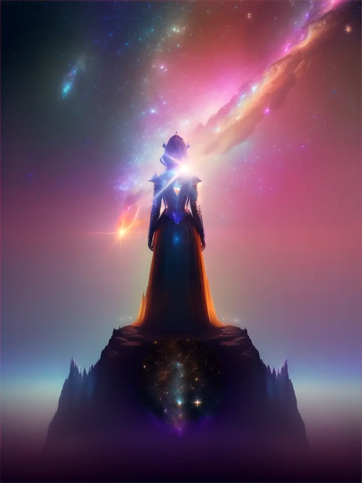 A space queen stands atop a cliff, gazing into a deep chasm. Her reflection shows nebulae and galaxies floating across the abyss