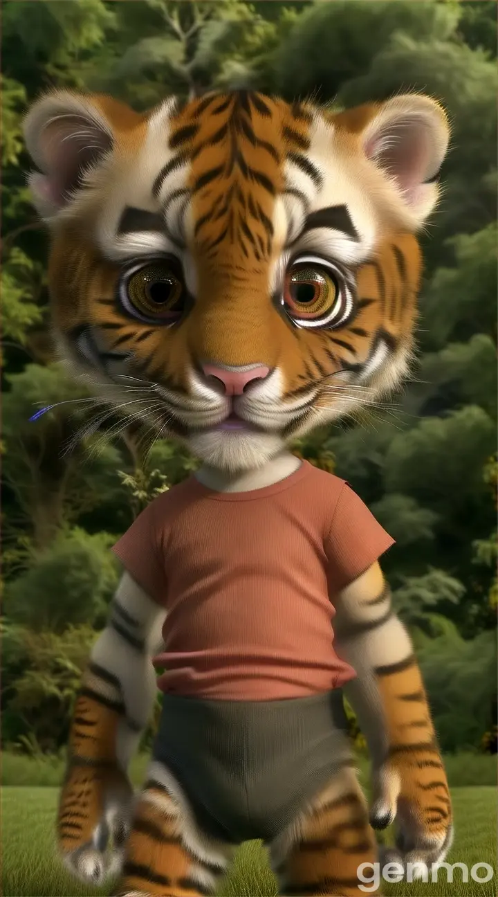 The tiger cub stops and listens carefully, its large eyes scanning the surroundings. It hears an eerie, chilling sound coming from the shadows of the jungle. The cub’s expression shows a mix of fear and curiosity as it looks around, unsure of what’s making the noise."