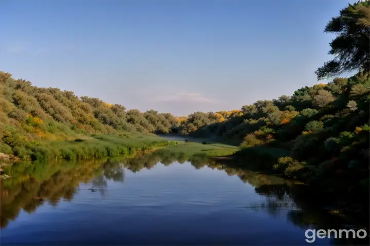 A misty pond with tall reeds and autumn foliage, shrouded in the dawn light of a stunning sunrise