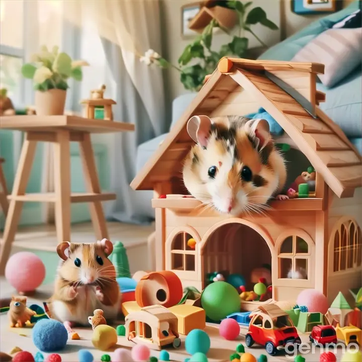 a hamster in a toy house surrounded by toys