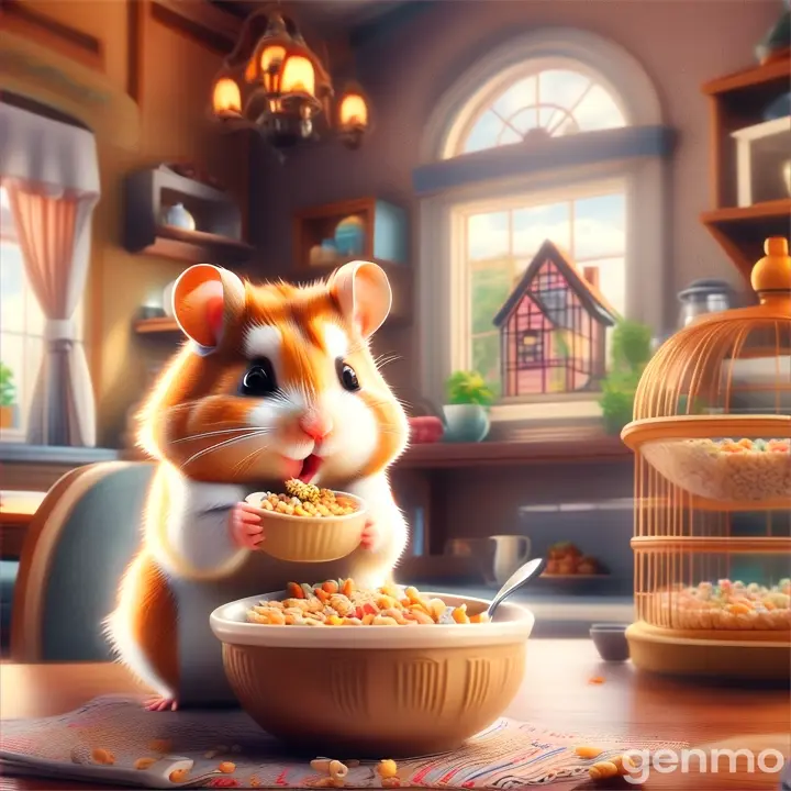 a hamster eating cereal out of a bowl