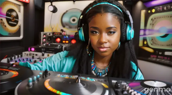 une belle femme noire DJ , souriante,avec des cheveux longs, lisses et noirs, les yeux bleus clairs, avec un casque sur les oreilles et des colliers amérindiens  turquoise autour du cou, mixe avec ses deux platines dans un studio de radio FM. 