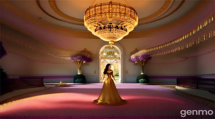  3d animation   As Sofia walked, she stumbled upon a shimmering portal framed by vines and blossoms. Curiosity piqued, she stepped through, and suddenly the world around her transformed. She was in a grand, elegant ballroom filled with vibrant colors and enchanting music.Golden chandeliers sparkled above, and the air was infused with the sweet scent of roses.

