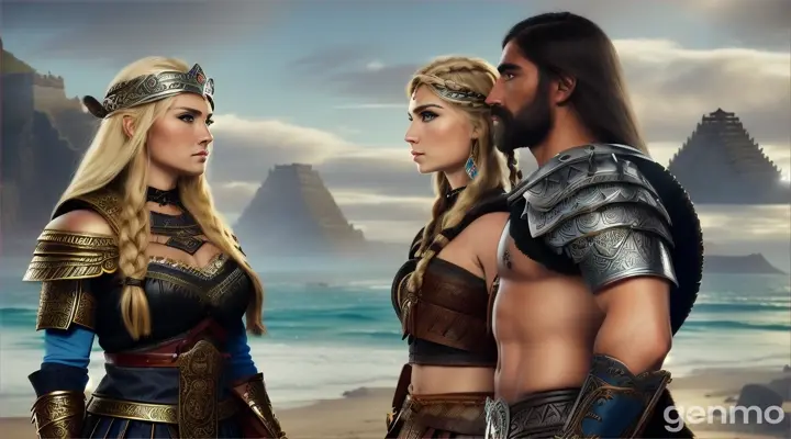 Viking warrior woman, beautiful and gorgeous, blonde or light brown hair, white and fair skin, blue eyes, stands in front of a Mexican, Aztec warrior man, dark, black hair, black eyes, without a beard and mustache wearing his Aztec warrior clothing, the two look at each other with admiration and love, full body, in the background the sea with Viking ships