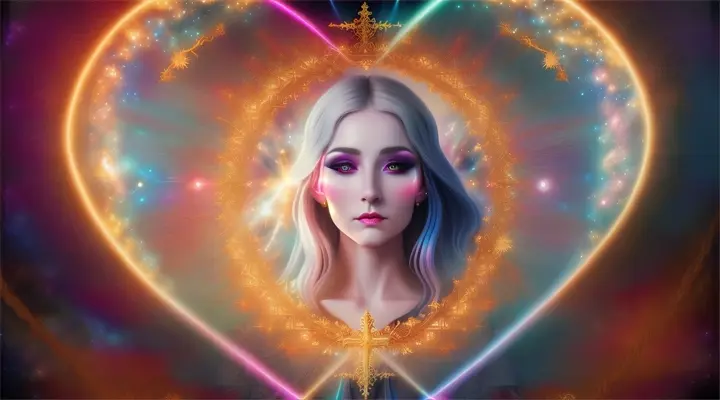 Mujeres bellas nórdicas creando con magia una cruz como portal mágico y vestidas con trajes opulentos, nebulosa background.