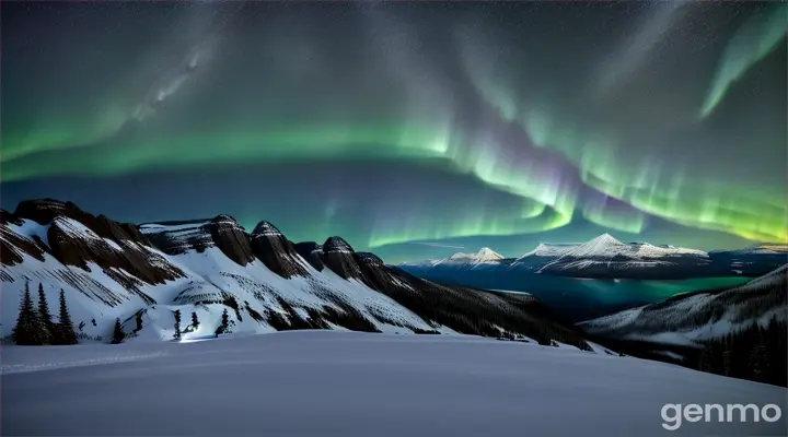 Mountain landscape at night with star trails above snowy peaks