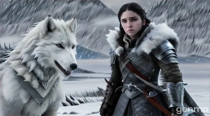 "Visualize personagens icônicos de Game of Thrones transformados em estilo anime. Jon Snow, com cabelo arrepiado e olhos expressivos, veste sua icônica pele de lobo, empunhando Longclaw enquanto está em uma paisagem nevada. Daenerys Targaryen, com traços delicados e olhos brilhantes, segura um dragão em miniatura em seu ombro, seus cabelos prateados esvoaçando ao vento. Arya Stark aparece ágil, vestida com roupas de assassina, empunhando sua espada com agilidade. A cena é dinâmica, com ação rápida, cores vibrantes e uma trilha sonora emocionante de fundo, no típico estilo anime de batalhas épicas e emoções intensas."
