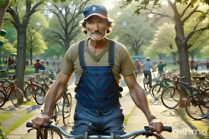 Wide shot of Bob walking into the park, holding a bike in each hand. Vibrant morning light with shadows stretching across the park.
