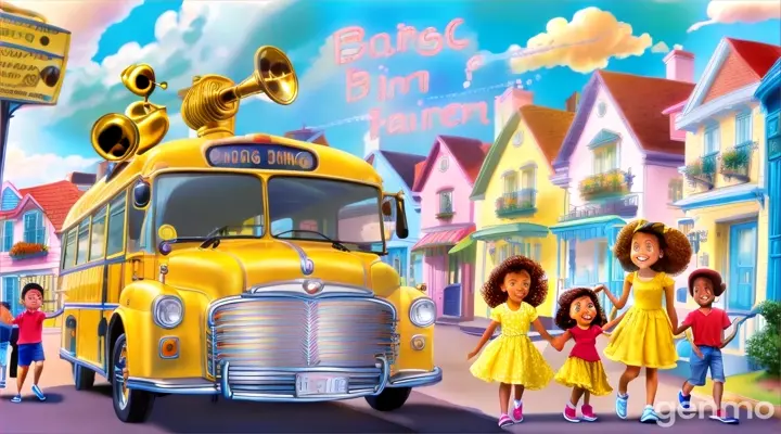 a yellow bus with three children in front of it