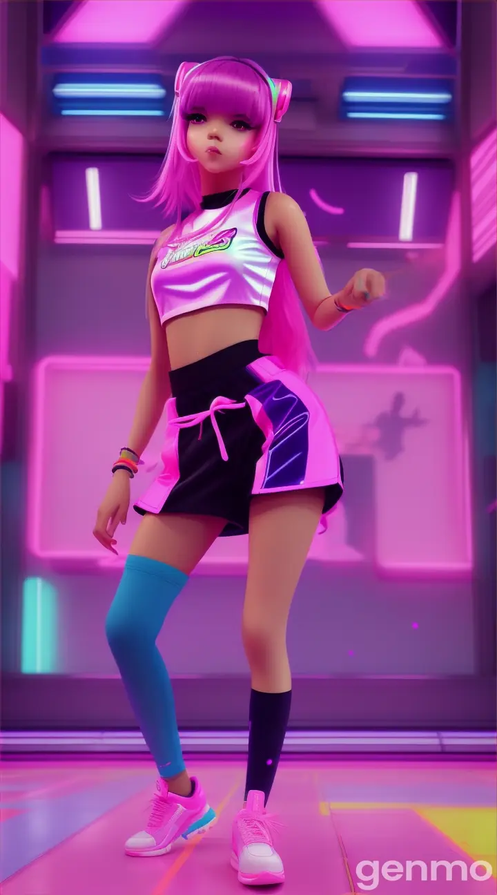 Cute girl dancing hip hop amidst a backdrop of bubblegum colors and oversized objects, futuristic vibrant colours outfit 9:16 ratio