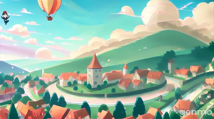 a cartoon of a town with a hot air balloon in the sky