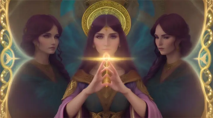 Mujeres bellas romanas creando con magia una cruz como portal mágico y vestidas con trajes opulentos, nebulosa background.