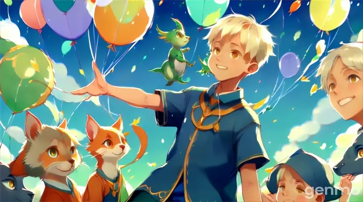 a boy is surrounded by animals and balloons