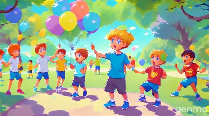 a group of children playing with balloons in a park