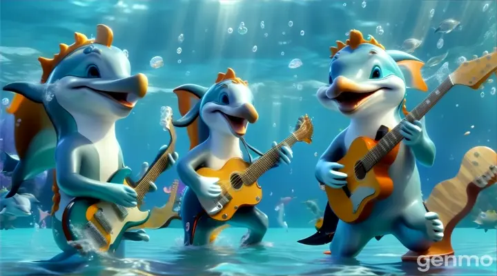dolphins playing guitars in the ocean
